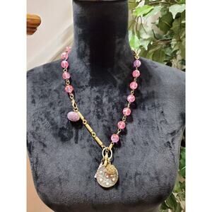 Custom Made Women's Pink Glass Bead with Gold Coin Stylish Pendant Necklace